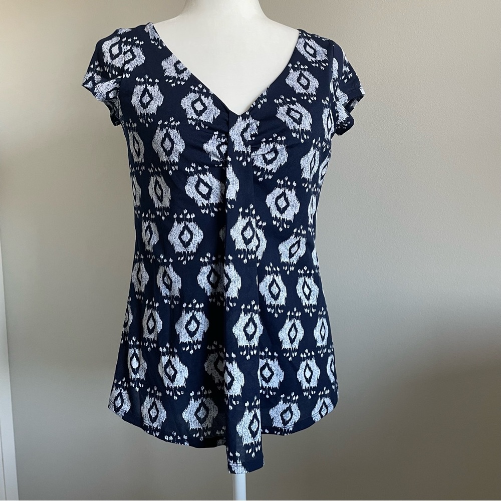VILLAGER Blue & White Top, Loose Fit, Flowy Tunic Shirt, Work Top, Small
